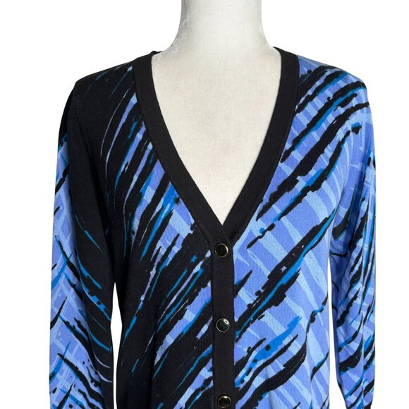Bob Mackie Wearable Art V-Neck Cardigan Sweater XS Blue Black Cotton Abstract - Picture 2 of 7